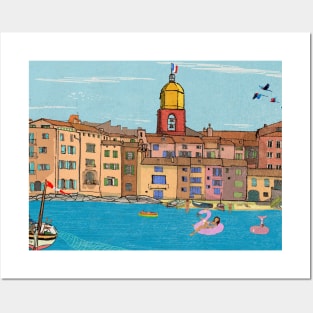 St Tropez Harbour View France Retro Inspired Style Illustration Posters and Art